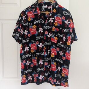 Coca-Cola Short Sleeve Button Down Hawaiin Shirt Men's Size L Tropical Floral